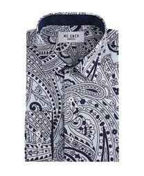 Camicia slim fit elasticizzata blu con stampa paisley