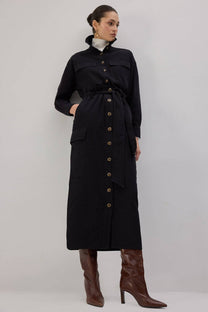Abito chemisier cargo lungo nero in cotone