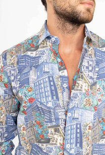 Camicia stretch slim fit con stampa city
