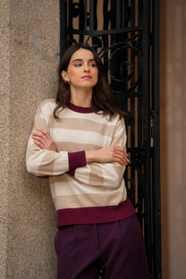 Maglia Siena a righe beige con dettagli bordeaux