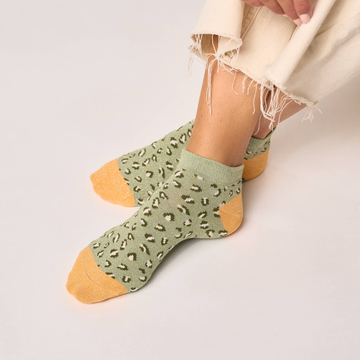 Calzini corti glitter leopardati in cotone pettinato verde chiaro