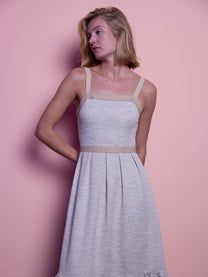 Abito midi in lurex con spalline e balza