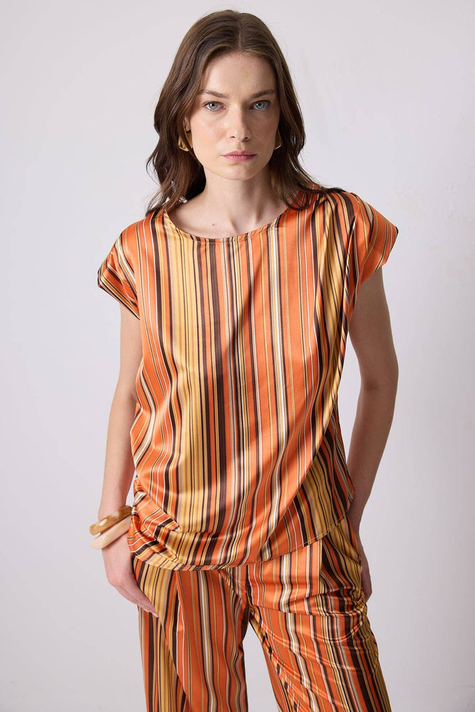 Completo rétro in raso a righe con blusa e pantaloni