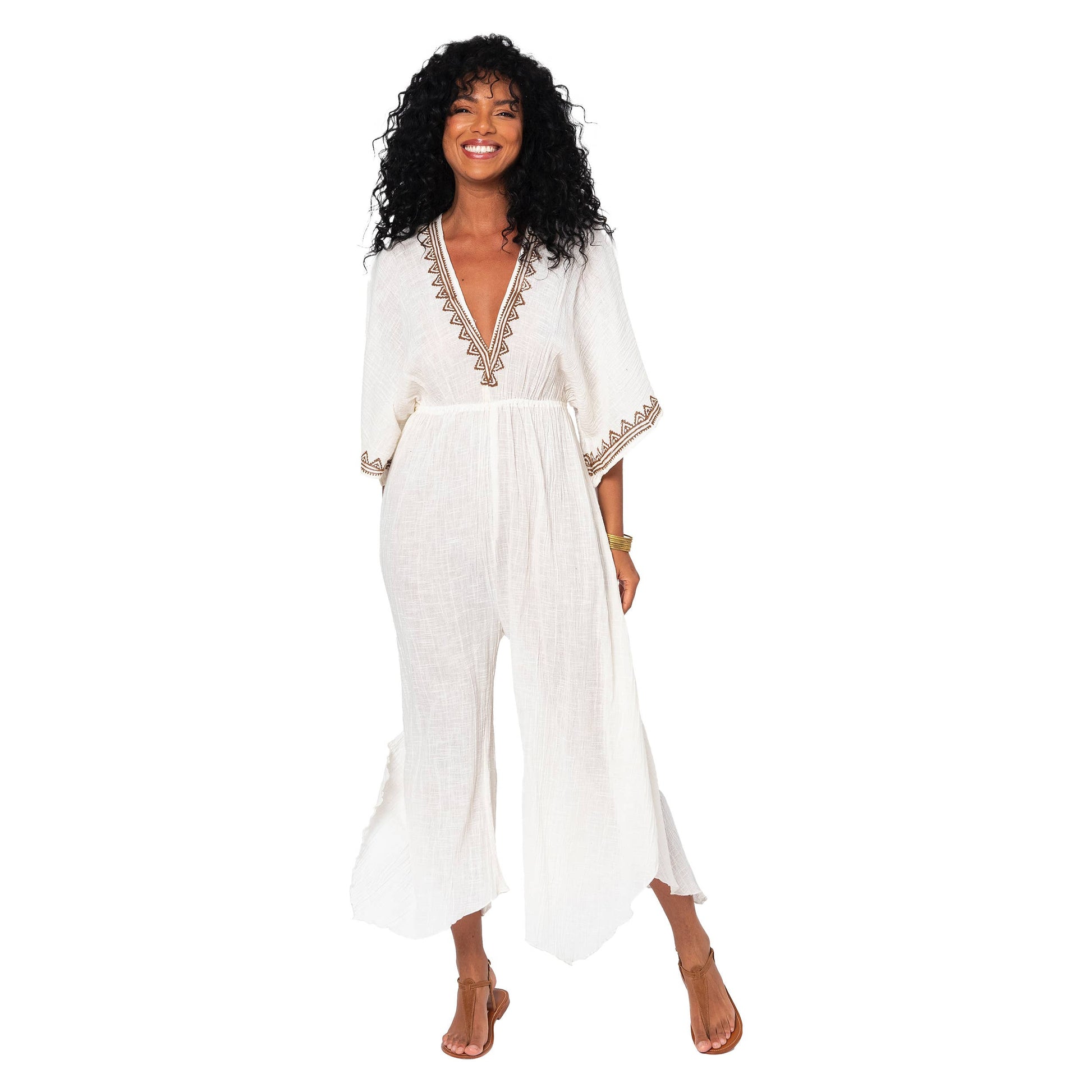 Tuta lunga estiva boho in cotone con scollo a V