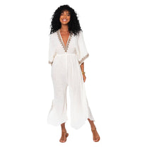 Tuta lunga estiva boho in cotone con scollo a V