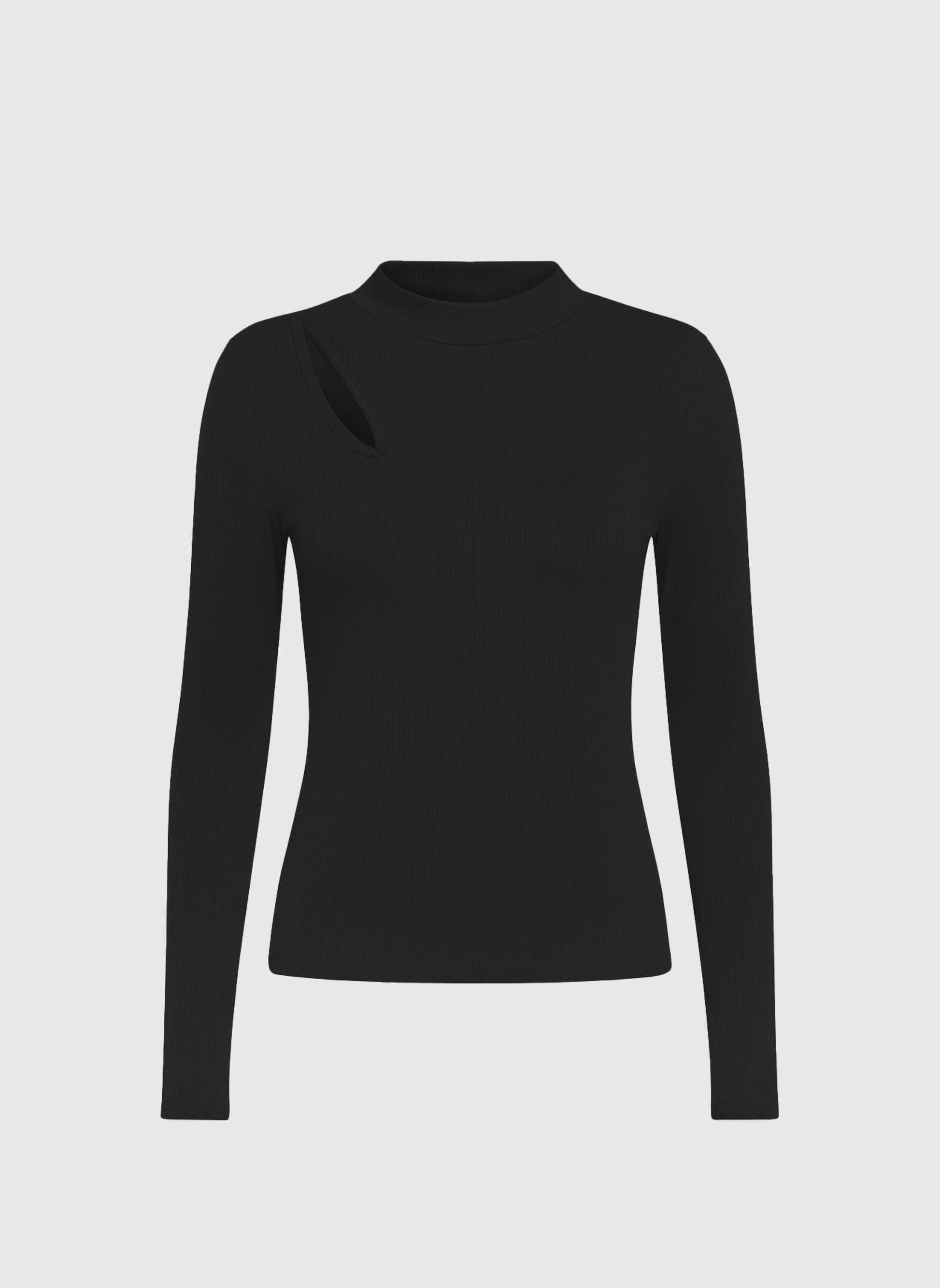 T-shirt Amelle nera a collo alto con cut-out