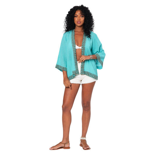 Kimono corto estivo in cotone con maniche 3/4 turchese
