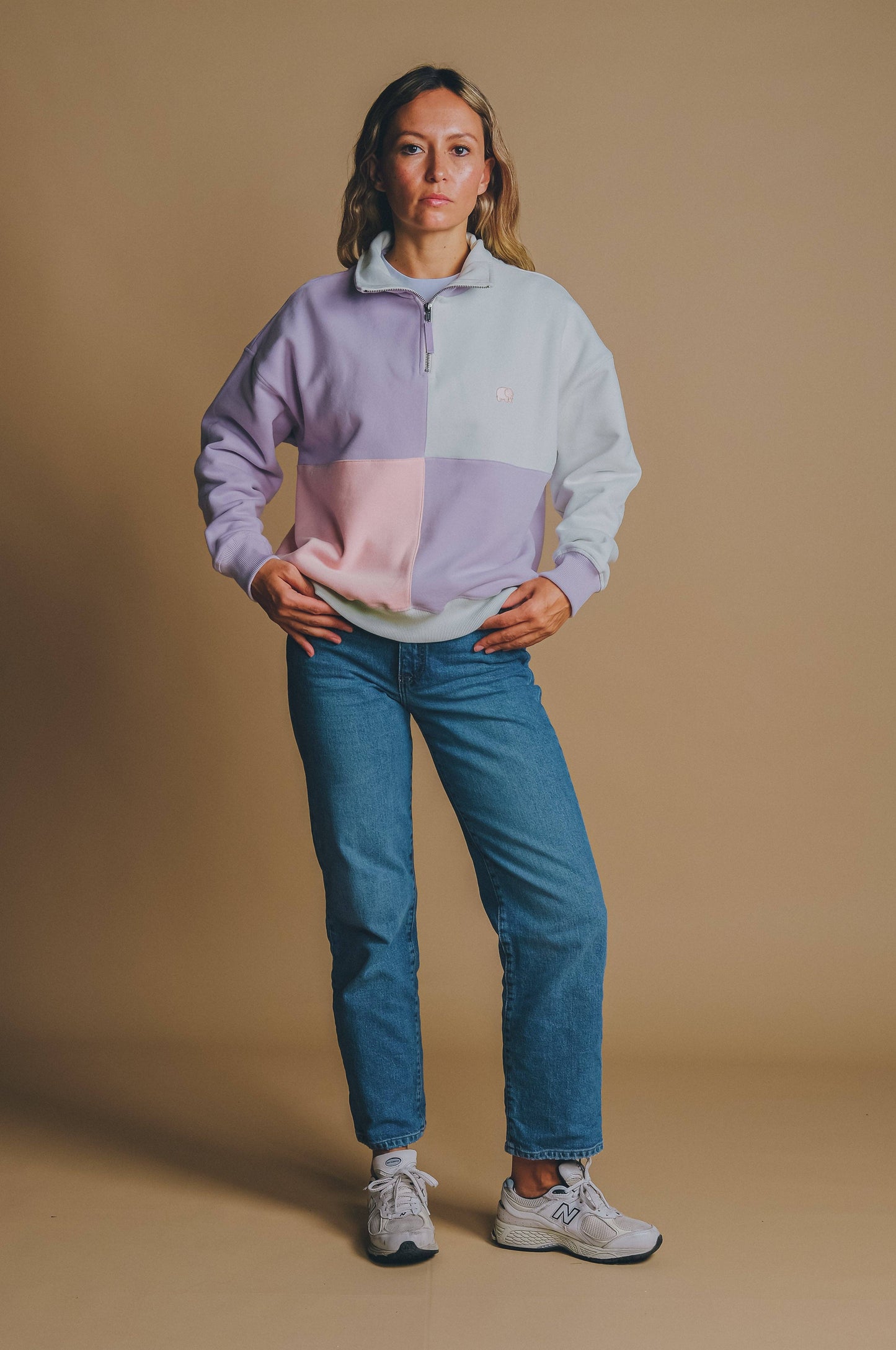 Maglione oversize donna half-zip color block lavanda