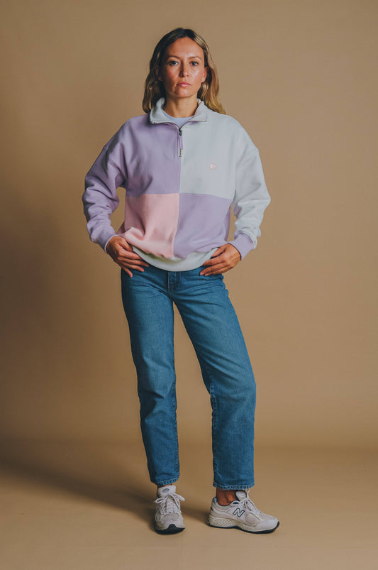 Maglione oversize donna half-zip color block lavanda
