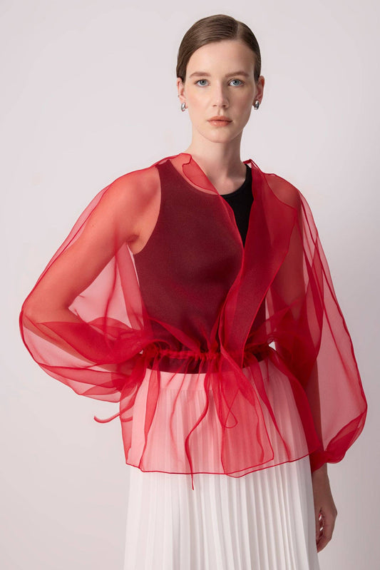 Giacca in organza trasparente con cintura rossa