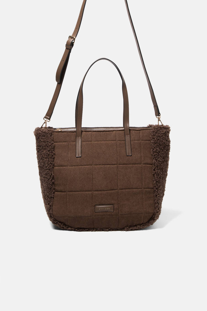 Borsa tote in velluto a coste con inserti in eco pelliccia