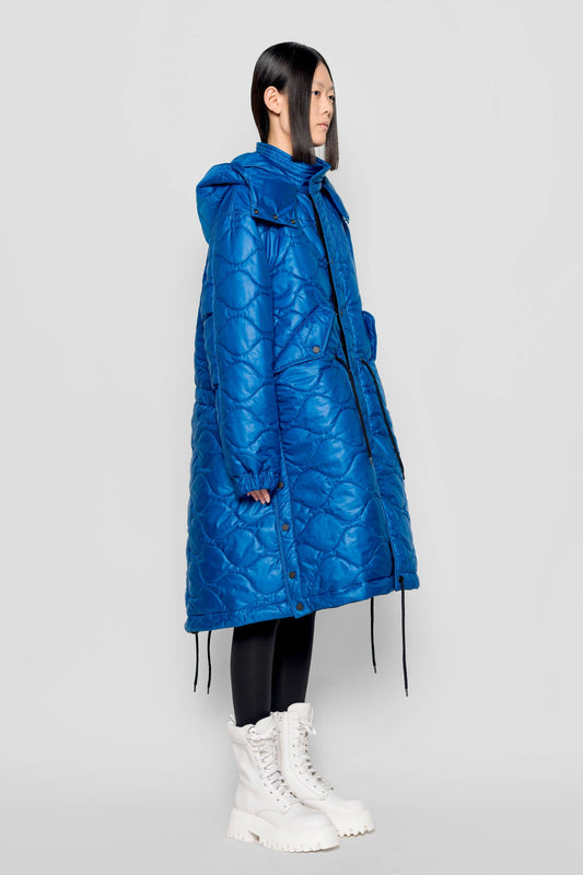 Parka imbottito lungo con cappuccio staccabile blu reale