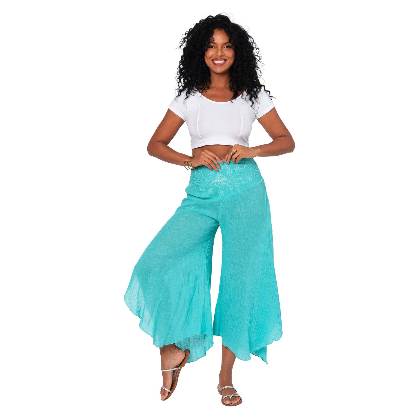 Pantaloni estivi asimmetrici in cotone turchese