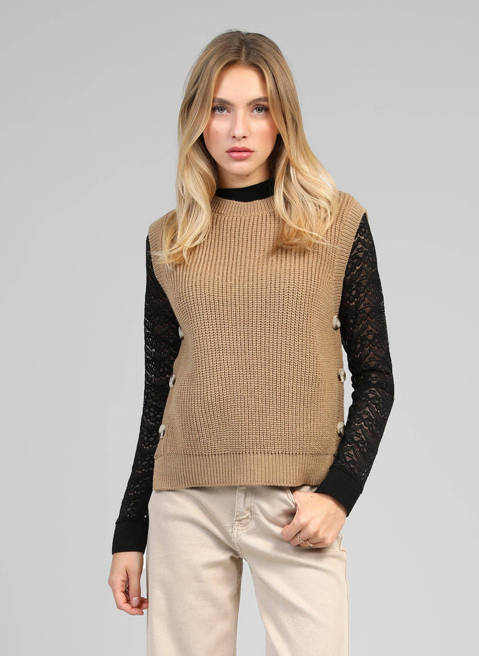 Gilet in maglia Vivienne cammello con bottoni laterali