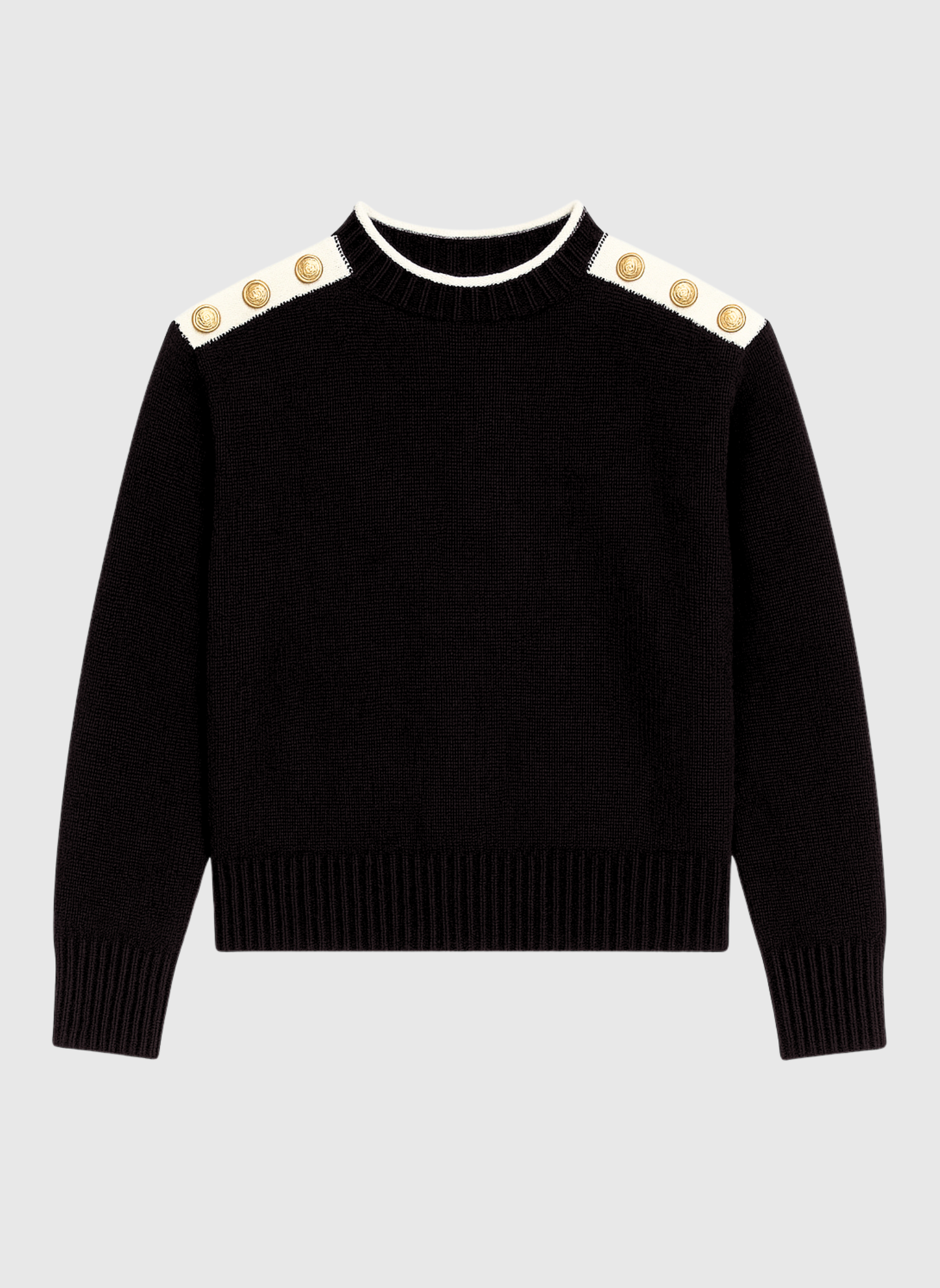 Maglione nero con collo alto e bottoni gioiello sulle spalle