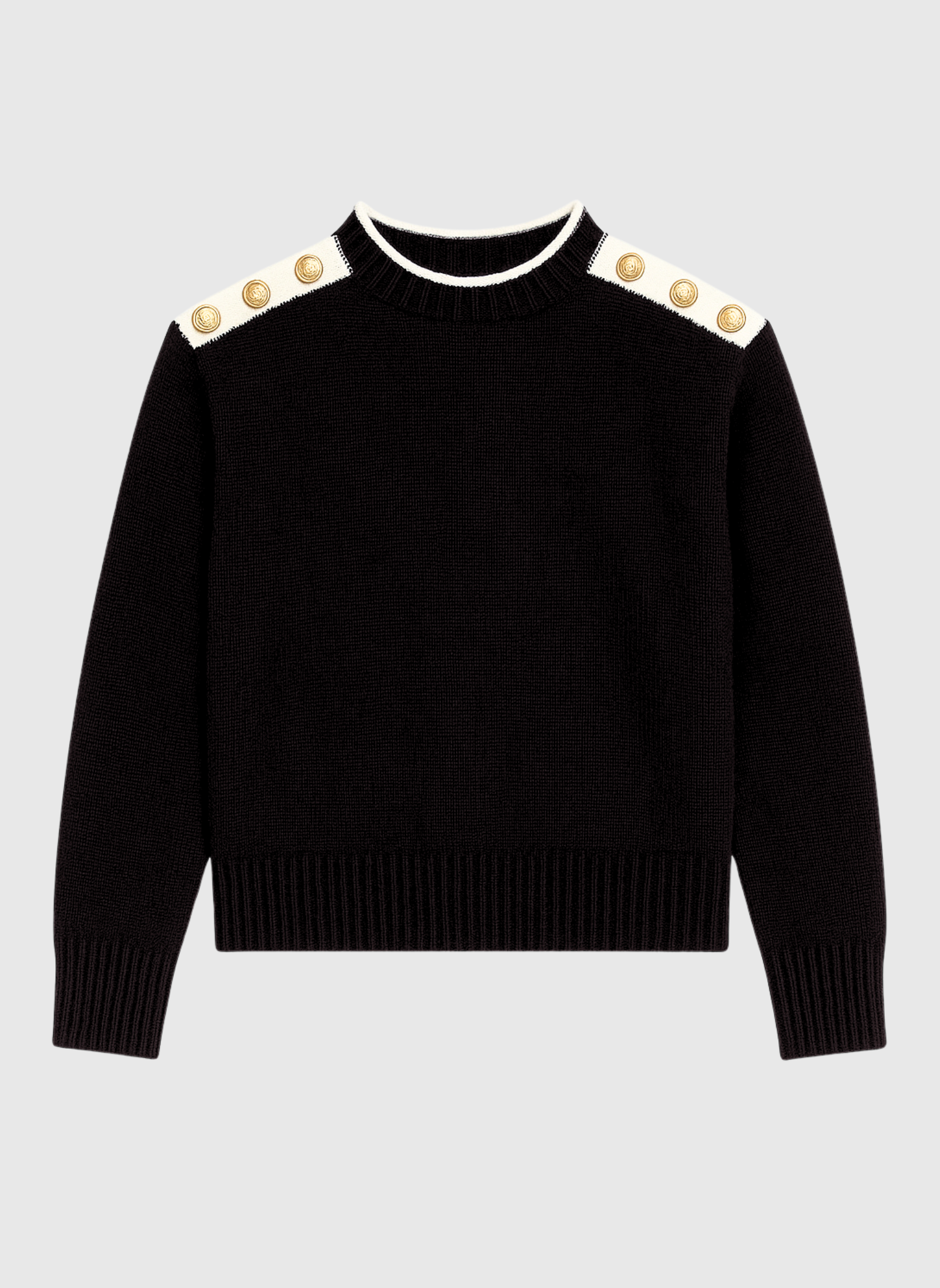 Maglione nero con collo alto e bottoni gioiello sulle spalle