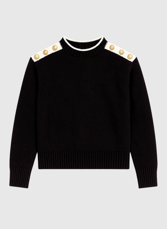 Maglione nero con collo alto e bottoni gioiello sulle spalle