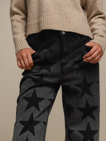 Jeans donna a gamba ampia con stampa stelle