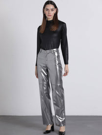 Pantaloni metallizzati argento a vita alta