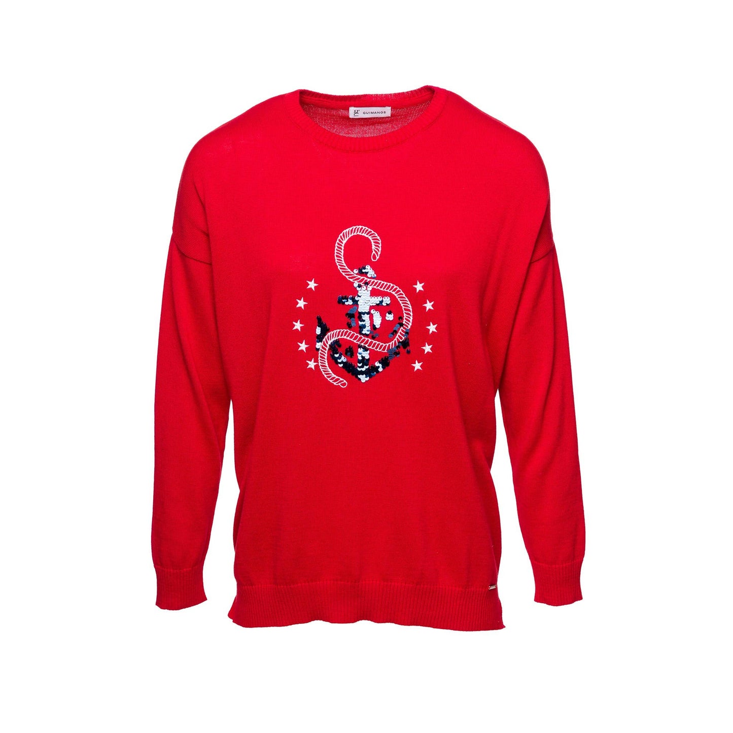 Maglione girocollo con ancora ricamata e paillettes
