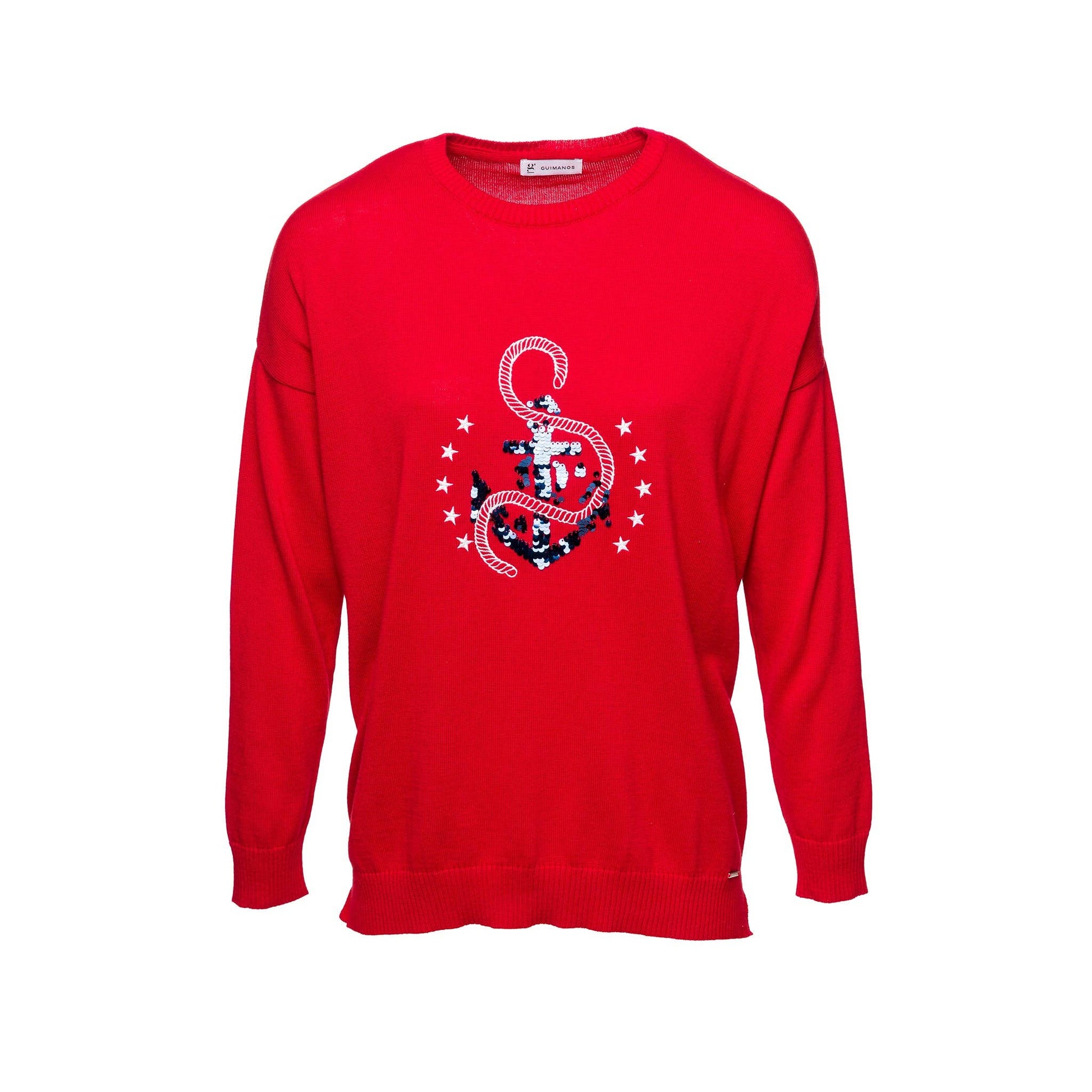 Maglione girocollo con ancora ricamata e paillettes