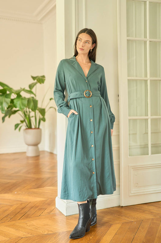 Abito midi in viscosa e Tencel con bottoni e cintura