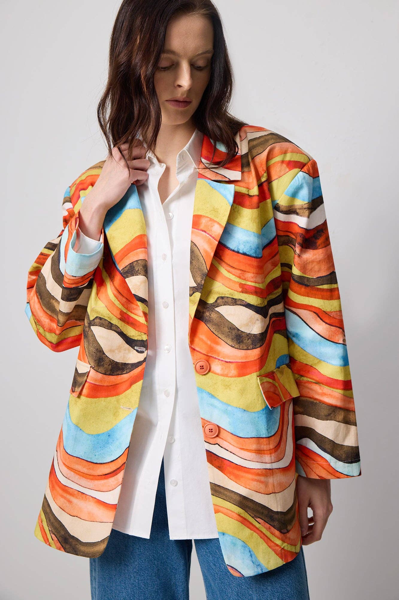 Blazer in cotone con stampa astratta multicolor