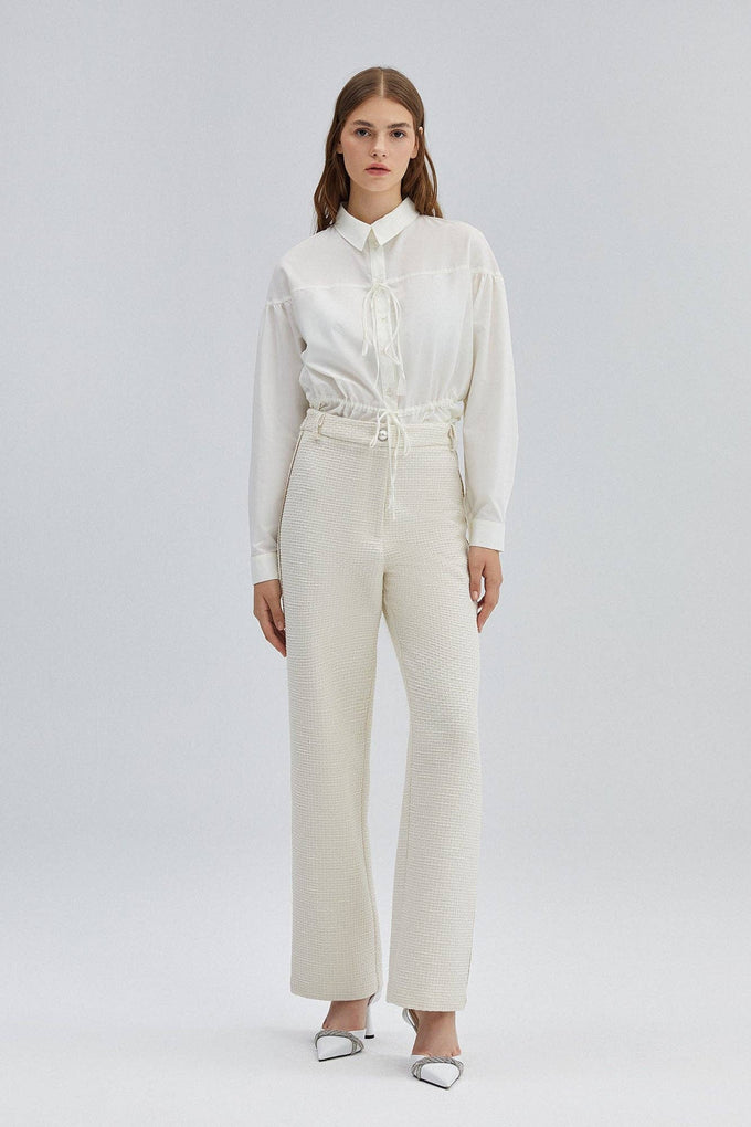 Pantaloni in tweed a vita alta color crema