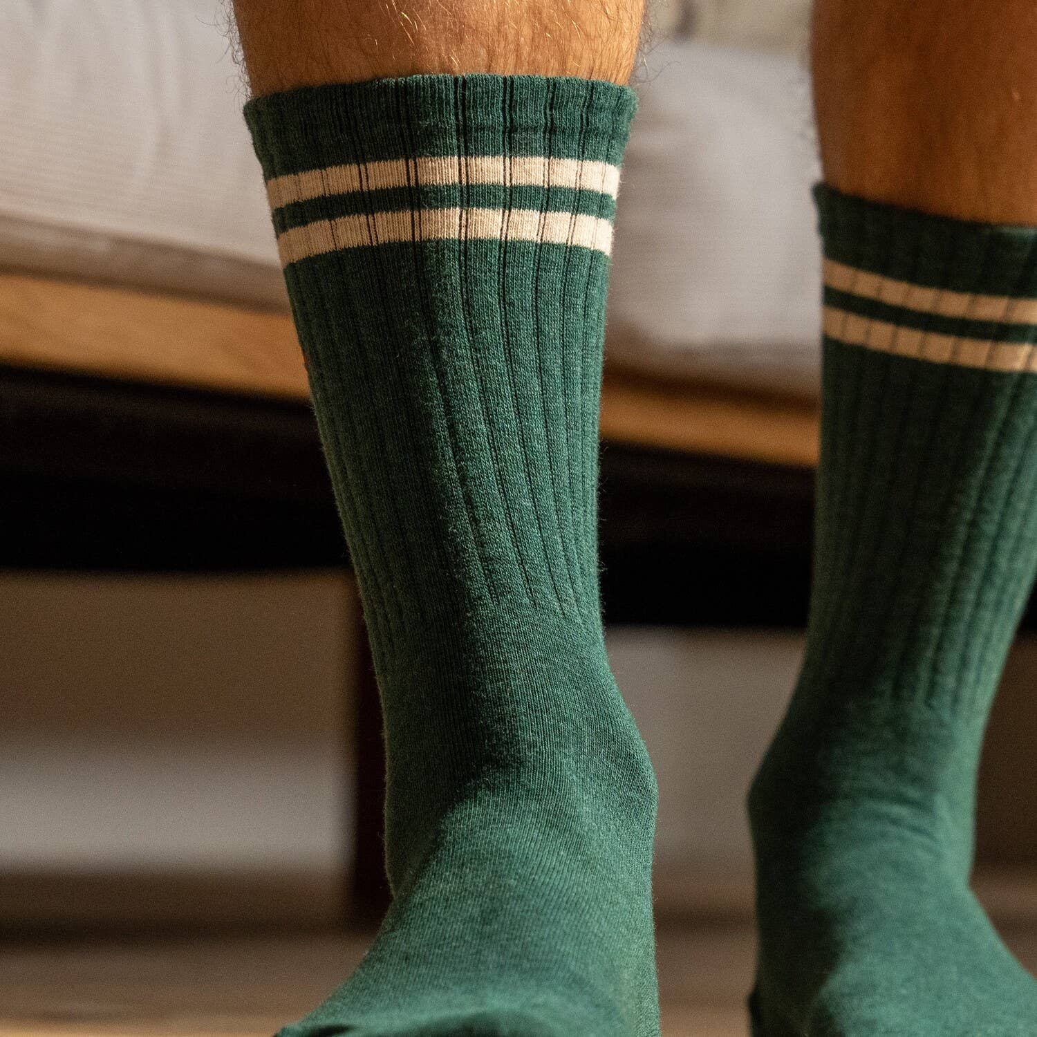 Calzini rétro in cotone pettinato verde petrolio a righe beige