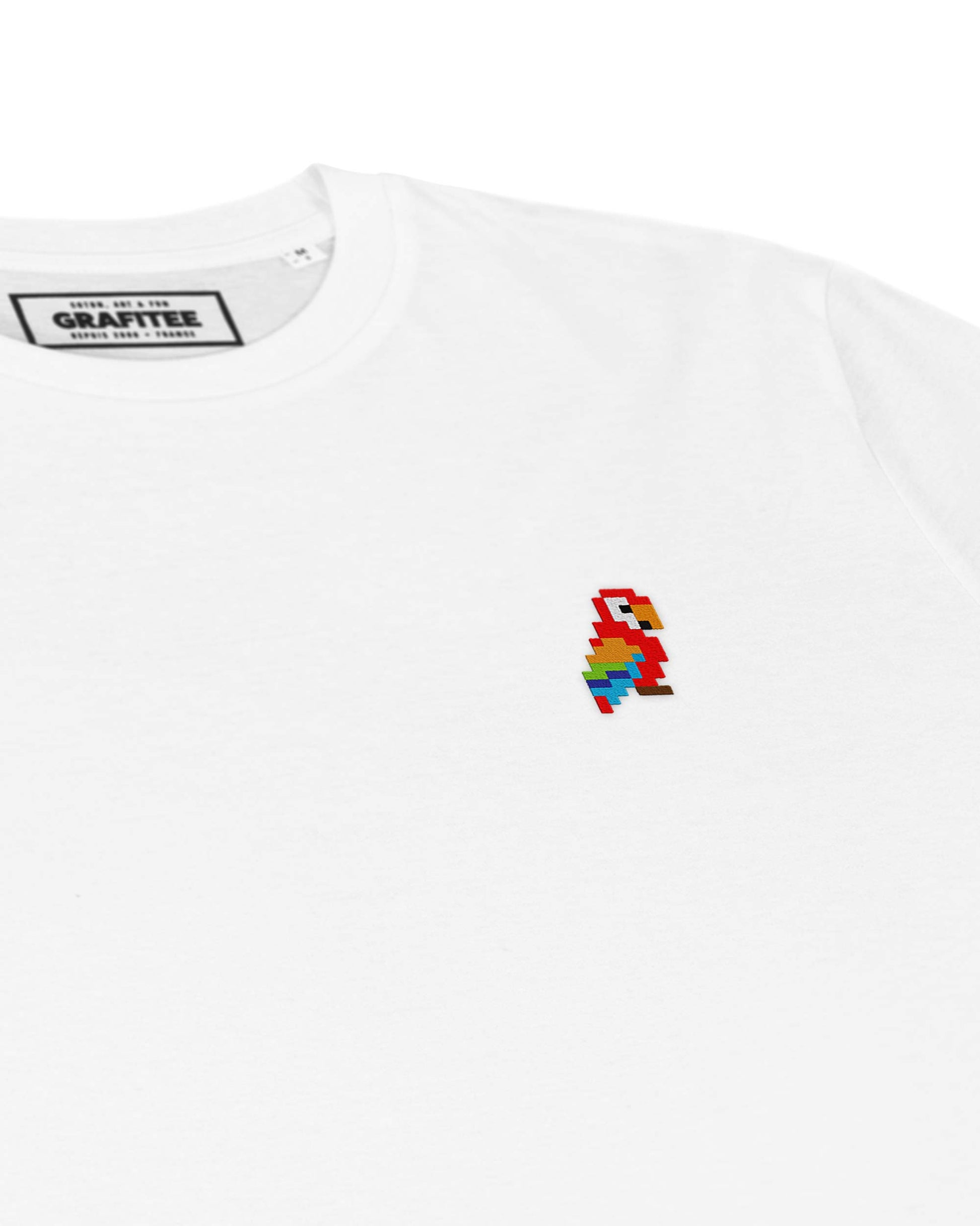 T-shirt bianca con pappagallo ricamato in cotone biologico GOTS