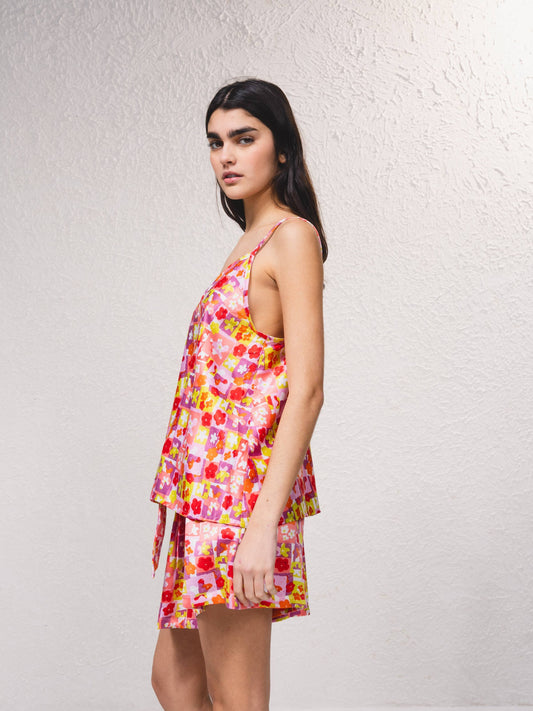 Top in satin stampato con spalline regolabili
