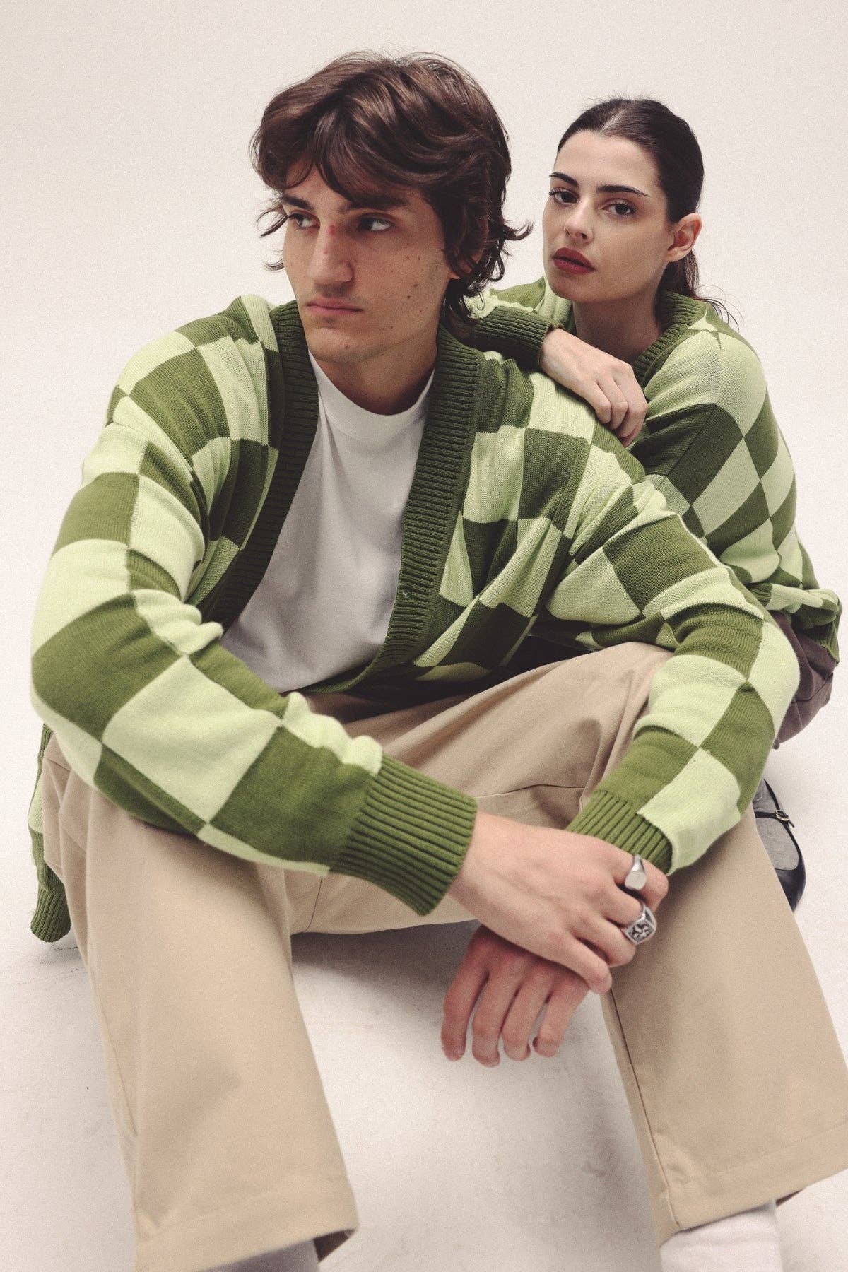 Cardigan a quadri verde in cotone organico