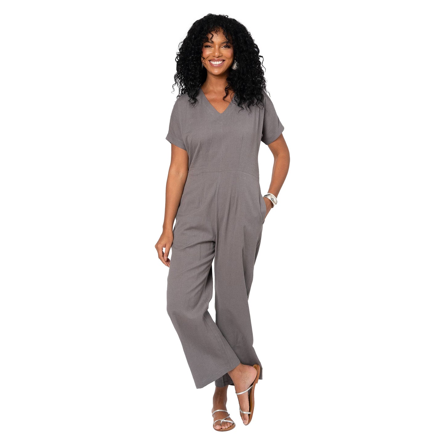Tuta estiva boho in cotone e lino con zip e cintura rimovibile grigia