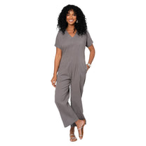 Tuta estiva boho in cotone e lino con zip e cintura rimovibile grigia