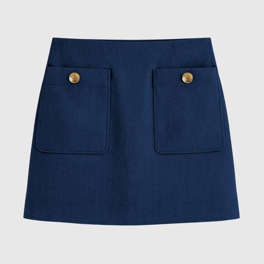 Gonna mini blu navy con bottoni in metallo e tasche applicate
