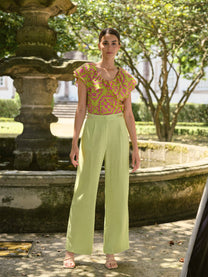 Pantaloni in lino e rayon con coulisse a vita alta