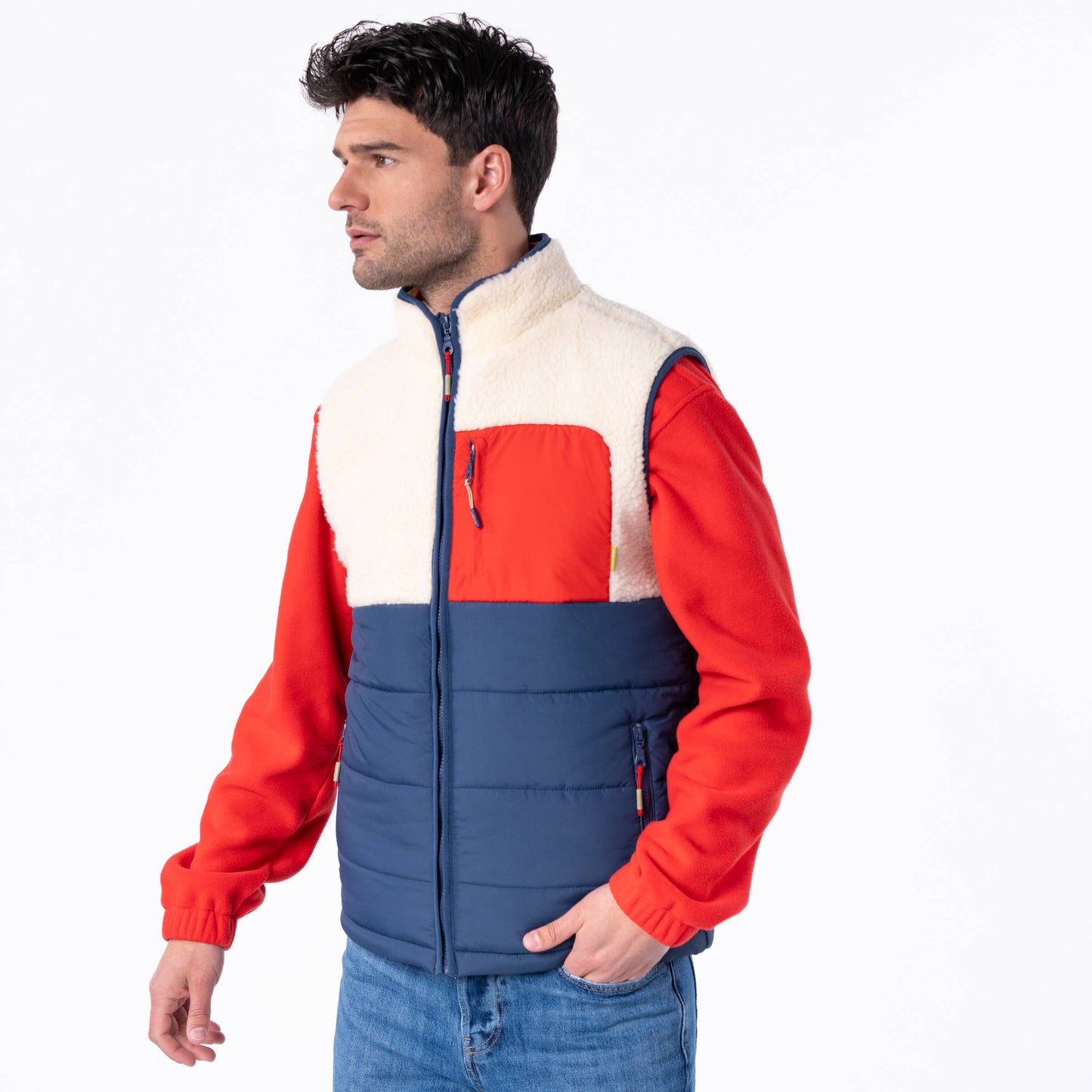 Gilet smanicato sherpa color block avorio e blu navy