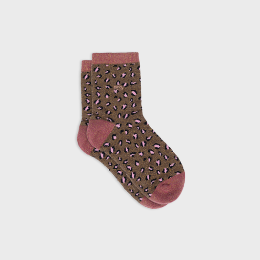 Calzini glitterati leopardati in cotone pettinato marrone e rosa