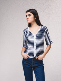 Cardigan a righe con scollo a V e bottoni, manica corta