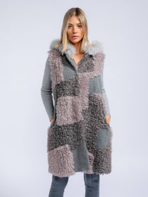 Gilet lungo in pelliccia sintetica patchwork da donna