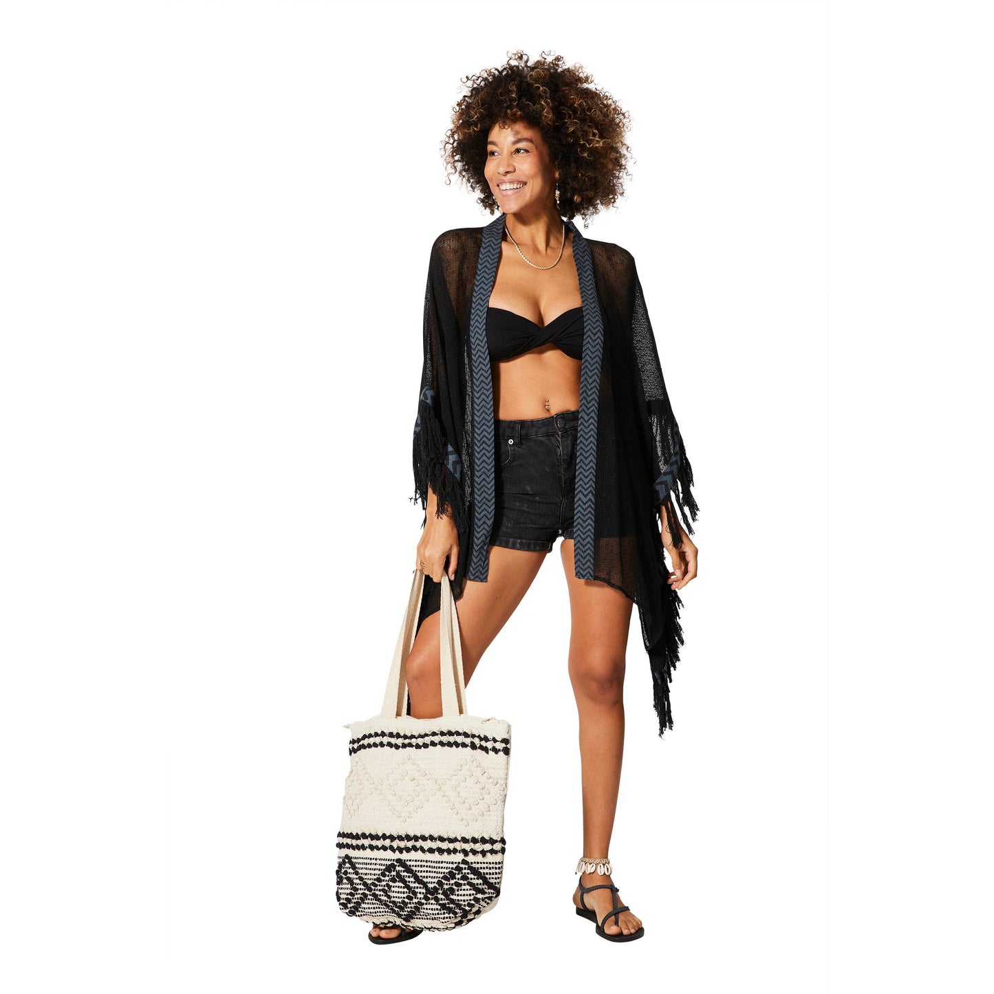 Kimono estivo corto nero con frange
