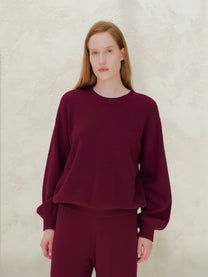 Maglione girocollo a costine in misto cashmere con maniche a palloncino