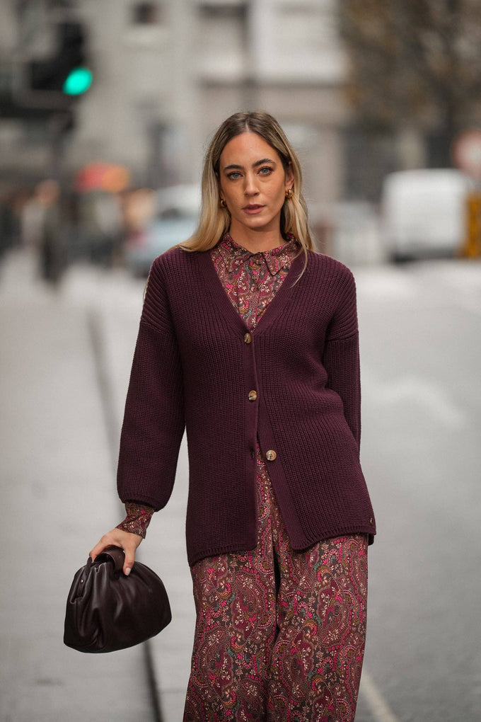 Cardigan in maglia color vino con bottoni