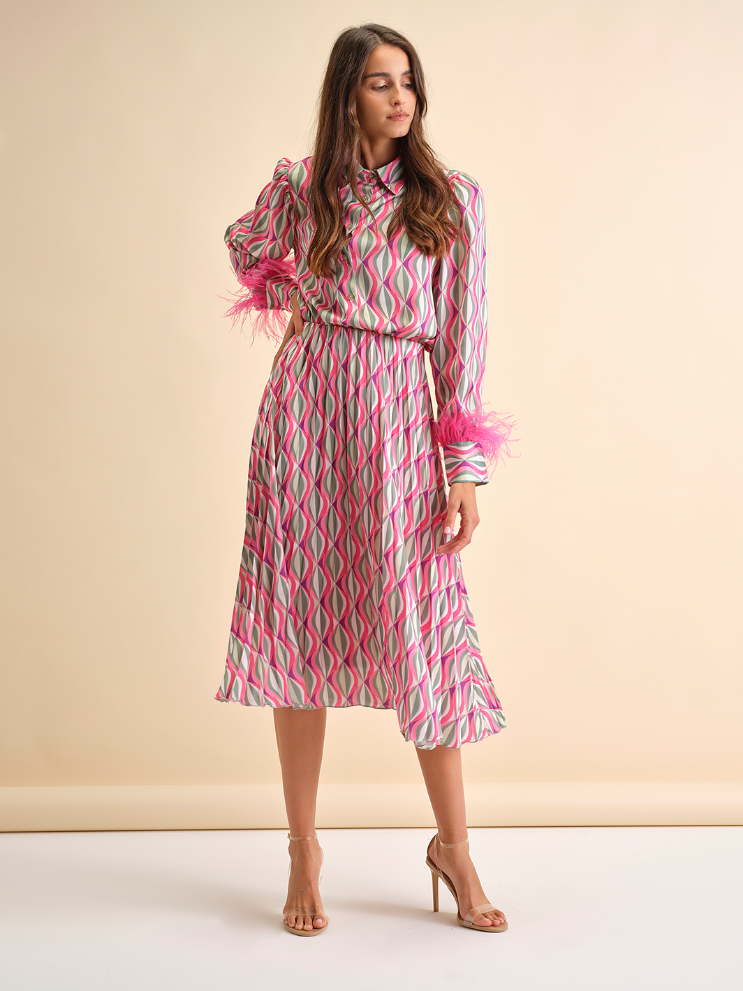 Gonna plissettata midi con stampa geometrica