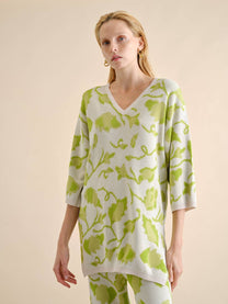 Maglione lungo floreale in viscosa con scollo a V