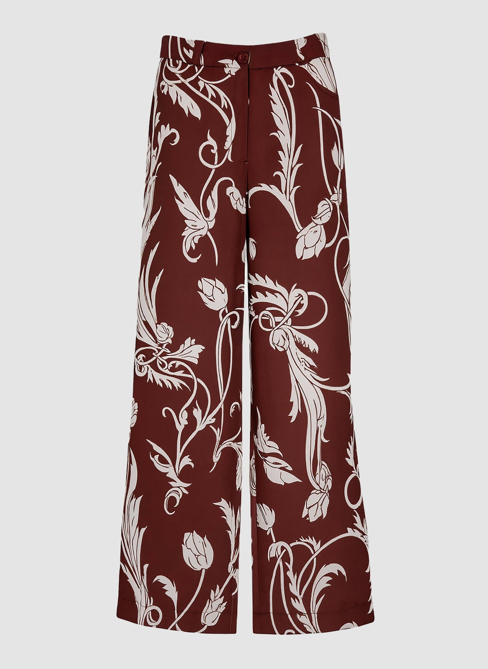 Pantaloni a palazzo bordeaux con stampa floreale