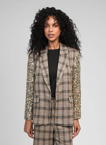 Blazer oversize color sabbia a quadri con maniche in paillettes