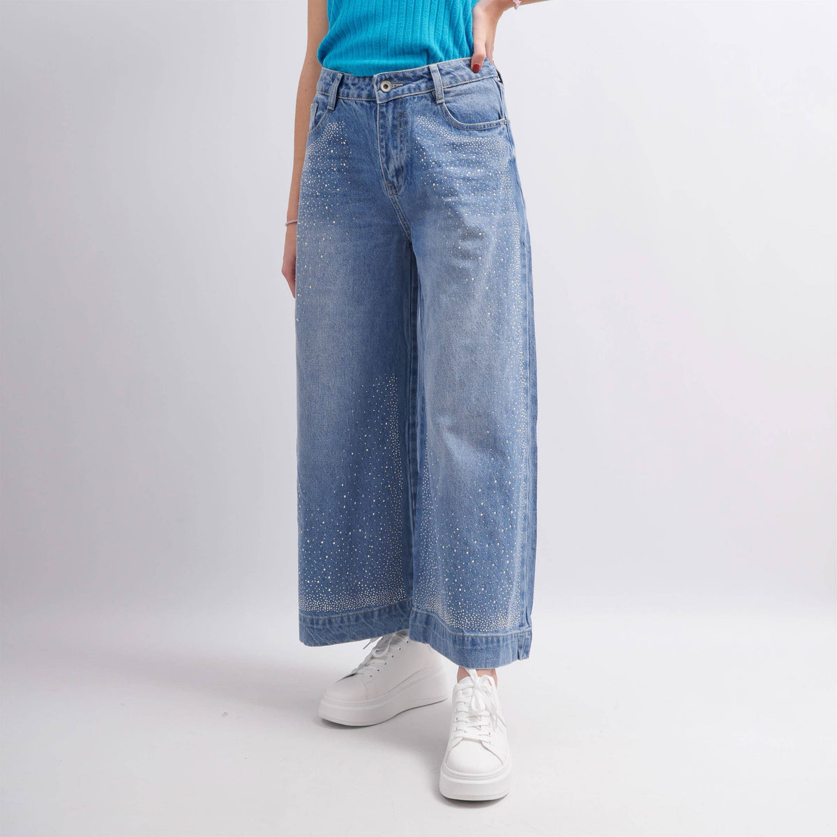 Jeans wide leg a vita alta con dettagli in paillettes