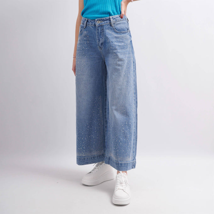 Jeans wide leg a vita alta con dettagli in paillettes