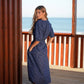Abito midi blu a micro fiori in cotone